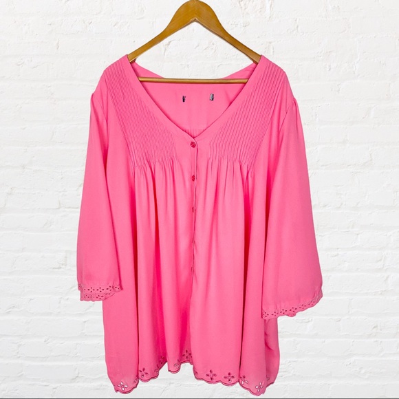 Pink Flowy Pleated Button Down Front Eyelet Scallops Wide Sleeve Peasant Blouse - Picture 7 of 9